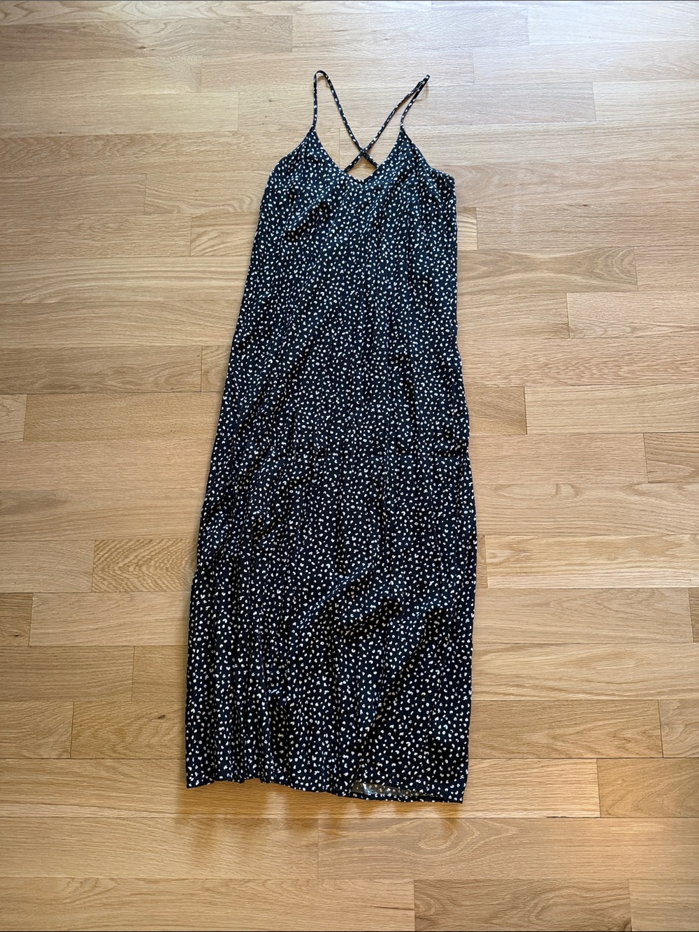 Old Navy Black Maxi Dress with White Dot Print and Crisscross Straps